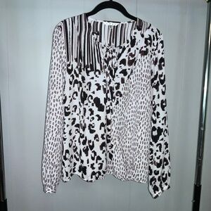 CAbi 590 Animal Print Faux Wrap Long Sleeve Chiffon Blouse Sz M tie neck